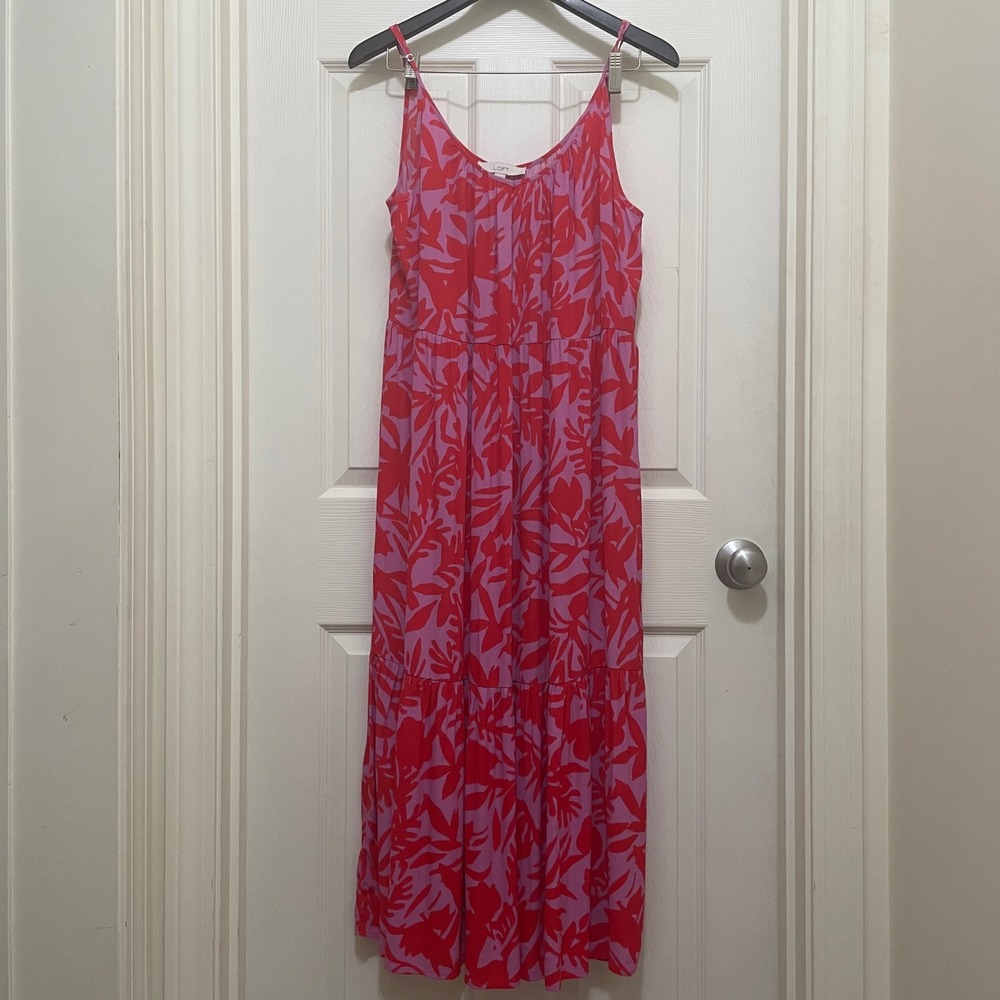 NEW LOFT Tropic Strappy Tiered Midi Dress‎ Red & Pink Boho Flowy Medium NWT